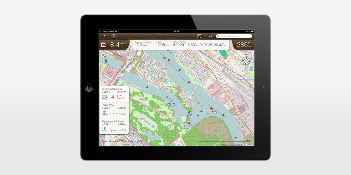 Screen der Navigations-App Rivers & Seas